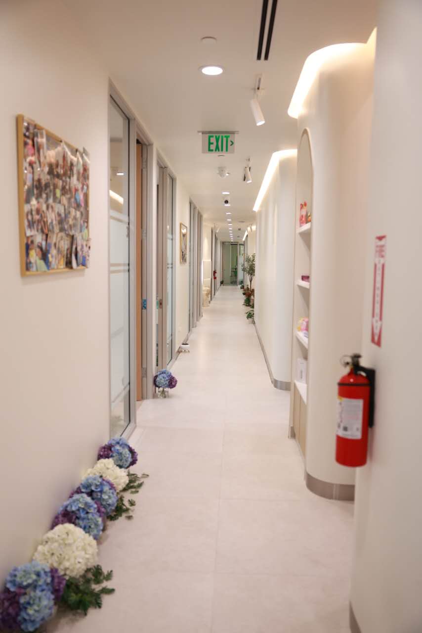 Office hallway with flowers